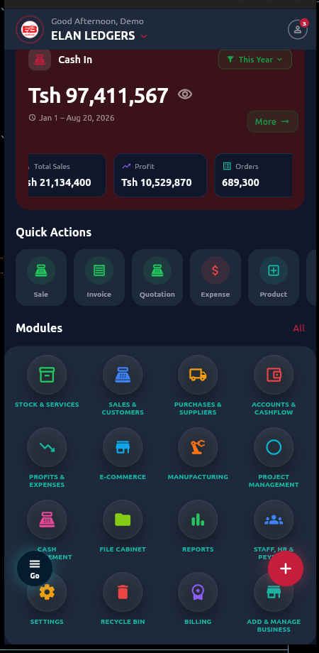 Elan Ledgers app — business dashboard, real screenshot
