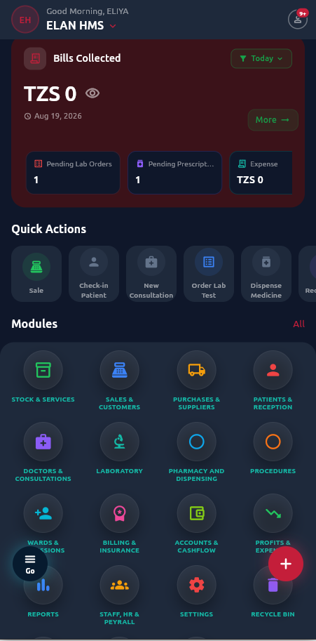 Elan Ledgers app — hospital & pharmacy dashboard