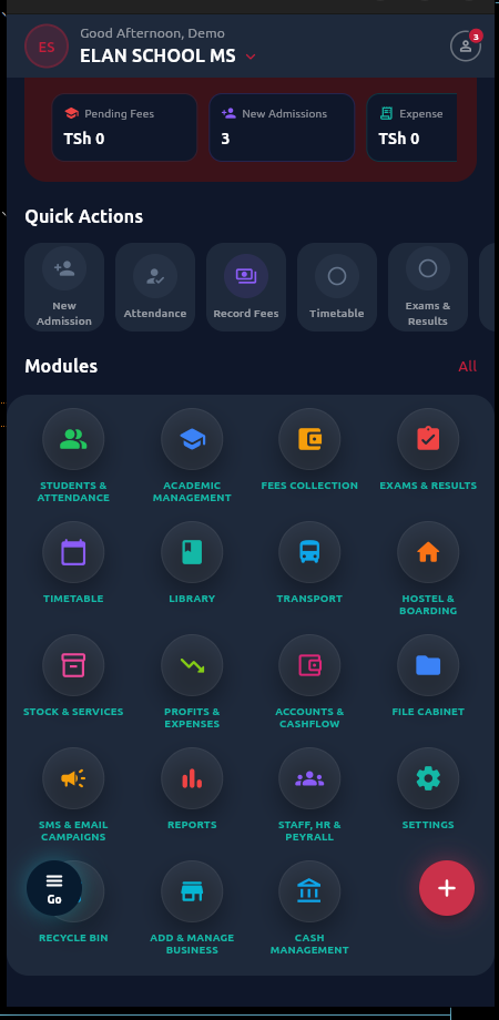 Elan Ledgers app — school dashboard