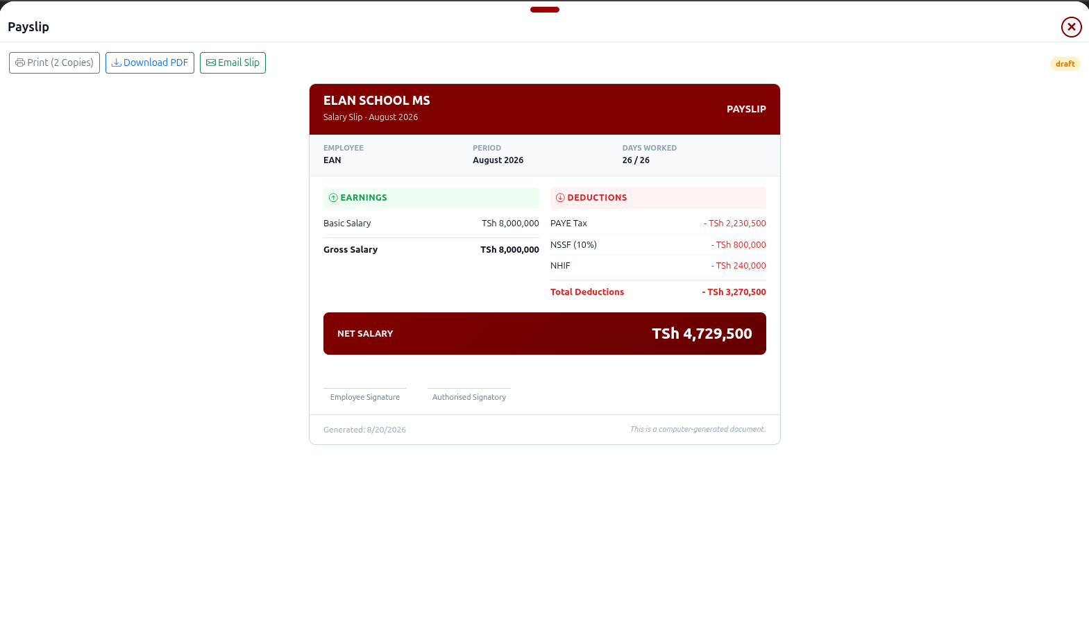 Elan Ledgers — a generated salary payslip, showing earnings, deductions and net salary
